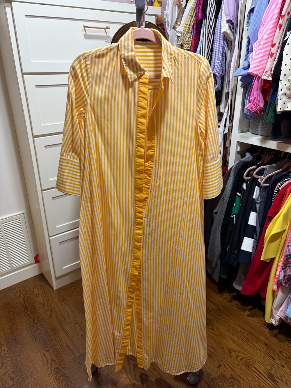 Yellow and White Striped Button-Down Shirt Dress/Caftan
